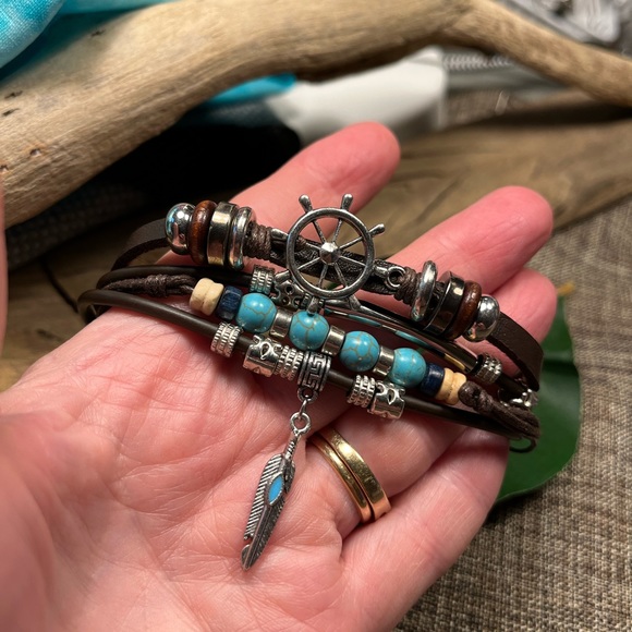 2305-PCM Turquoise, Silver, & Wooden Beads, Pendants Leather 4 Layer Bracelet - Picture 3 of 12